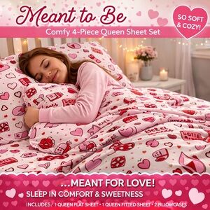 Que Heart and Dice Queen Sheet Set - Red and Pink